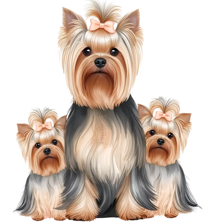 Yorkie mom 2 puppies by her side